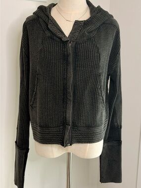 Women's Dark Gray Hooded Waffle Zip Sweater - (2013)
